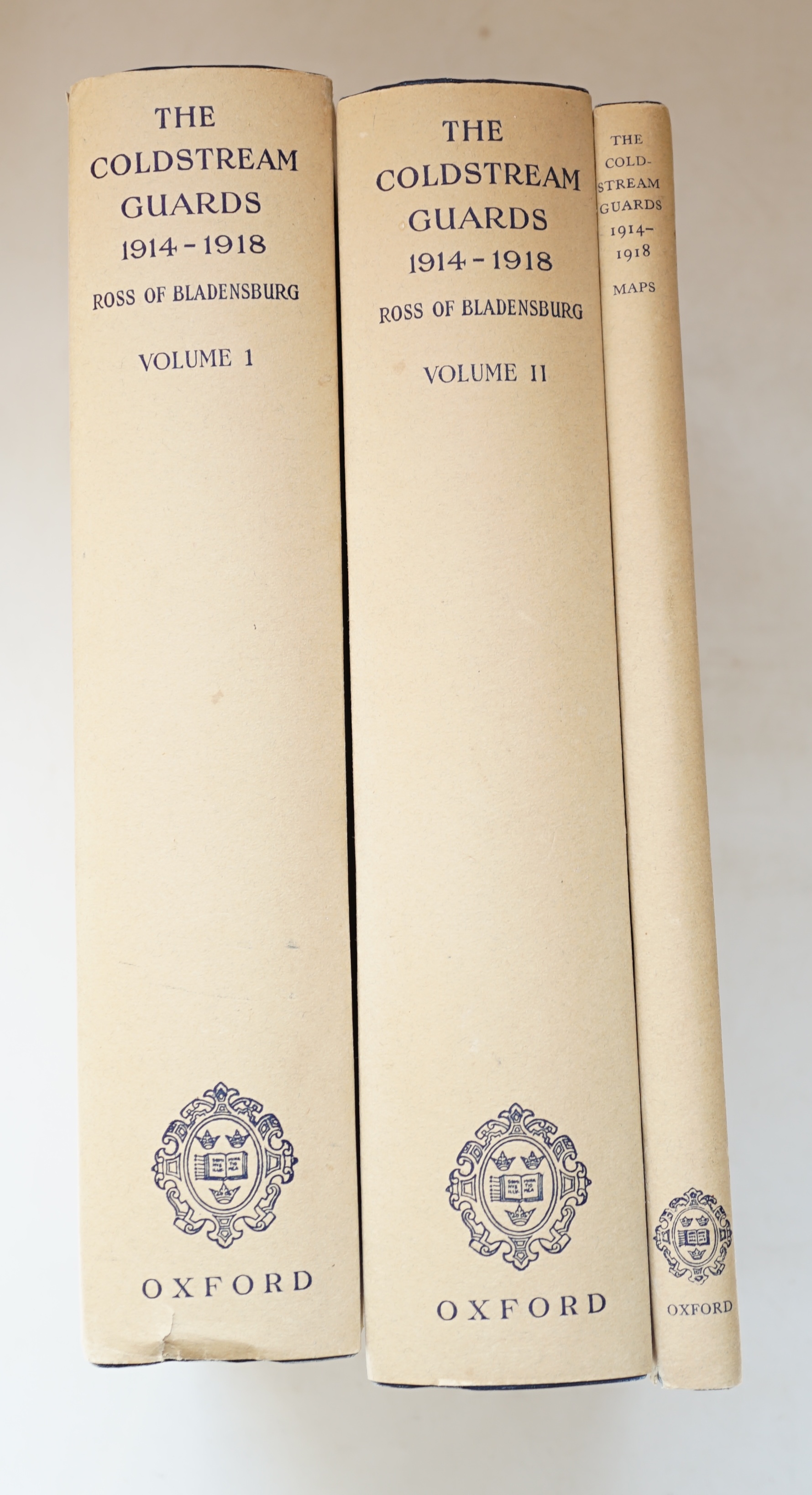 Ross-of-Bladensburg, John Sir - The Coldstream Guards 1914-1918, 2 volumes of text, plus 1 vol. of maps, original cloth with d/j’s, Oxford, 1928